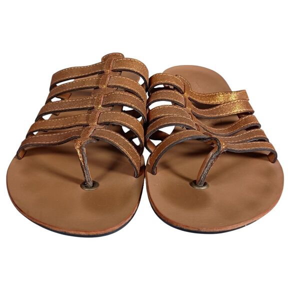 Paul Green Metallic Gold Leather Strappy Thong Sandal Low Wedge Womens 7.5 - Picture 4 of 10